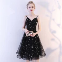 Modern / Fashion Black Homecoming Graduation Dresses 2018 A-Line / Princess Spaghetti Straps Sleeveless Star Embroidered Knee-Length Ruffle Backless Formal Dresses