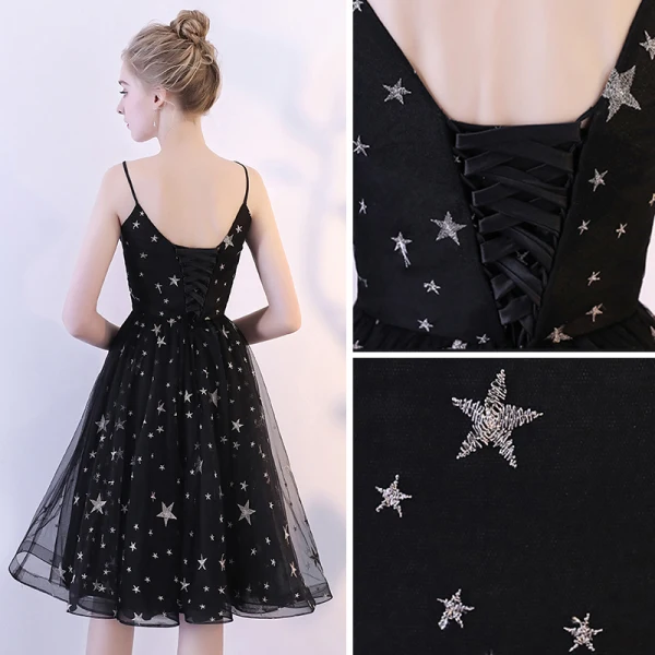 Modern / Fashion Black Homecoming Graduation Dresses 2018 A-Line / Princess Spaghetti Straps Sleeveless Star Embroidered Knee-Length Ruffle Backless Formal Dresses