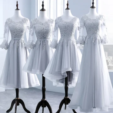 Chic Belle Gris Percé Robe Demoiselle D Honneur 2018 Princesse Encolure Dégagée Manches Longues Appliques En Dentelle Ceinture Volants Dos Nu Robe Pour Mariage