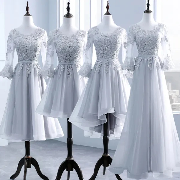 Chic / Beautiful Grey Pierced Bridesmaid Dresses 2018 A-Line / Princess Scoop Neck Long Sleeve Appliques Lace Sash Ruffle Backless Wedding Party Dresses