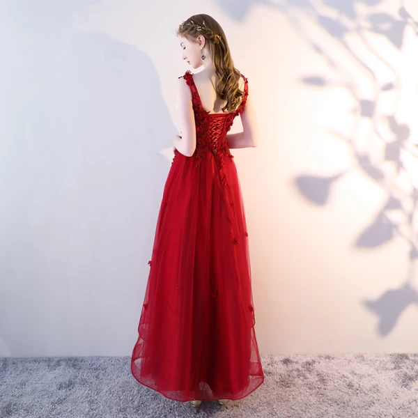 Chic / Belle Bordeaux Robe De Soirée 2018 Princesse V-Cou Sans Manches En Dentelle Appliques Fleur Perle Longueur Cheville Volants Dos Nu Robe De Ceremonie
