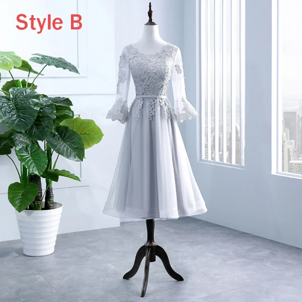 Chic / Beautiful Grey Pierced Bridesmaid Dresses 2018 A-Line / Princess Scoop Neck Long Sleeve Appliques Lace Sash Ruffle Backless Wedding Party Dresses