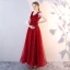 Chic / Belle Bordeaux Robe De Soirée 2018 Princesse V-Cou Sans Manches En Dentelle Appliques Fleur Perle Longueur Cheville Volants Dos Nu Robe De Ceremonie