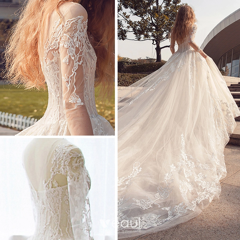 Affordable Modern Fashion Church Wedding Dresses 2017 Lace Appliques Sweetheart Long Sleeve Backless Cathedral Train White