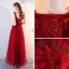 Chic / Belle Bordeaux Robe De Soirée 2018 Princesse V-Cou Sans Manches En Dentelle Appliques Fleur Perle Longueur Cheville Volants Dos Nu Robe De Ceremonie