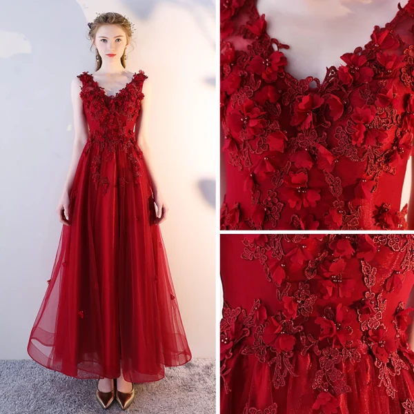 Chic / Belle Bordeaux Robe De Soirée 2018 Princesse V-Cou Sans Manches En Dentelle Appliques Fleur Perle Longueur Cheville Volants Dos Nu Robe De Ceremonie