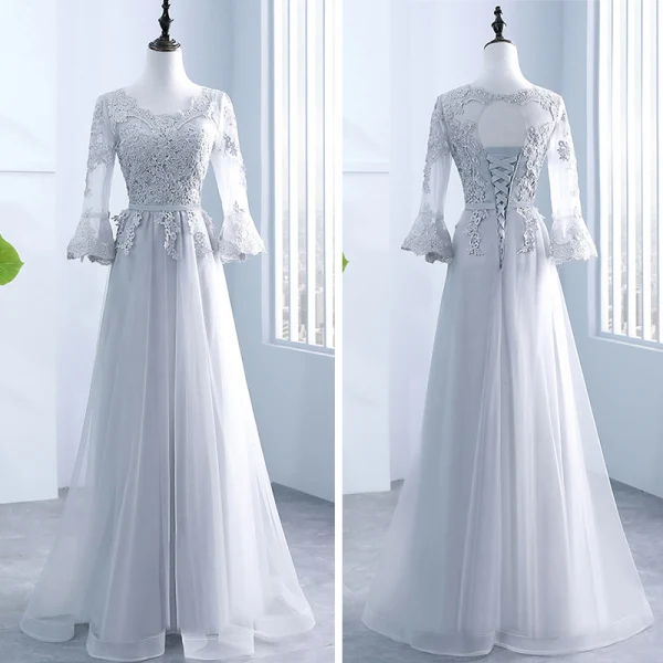 Chic / Beautiful Grey Pierced Bridesmaid Dresses 2018 A-Line / Princess Scoop Neck Long Sleeve Appliques Lace Sash Ruffle Backless Wedding Party Dresses