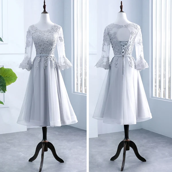 Chic / Beautiful Grey Pierced Bridesmaid Dresses 2018 A-Line / Princess Scoop Neck Long Sleeve Appliques Lace Sash Ruffle Backless Wedding Party Dresses