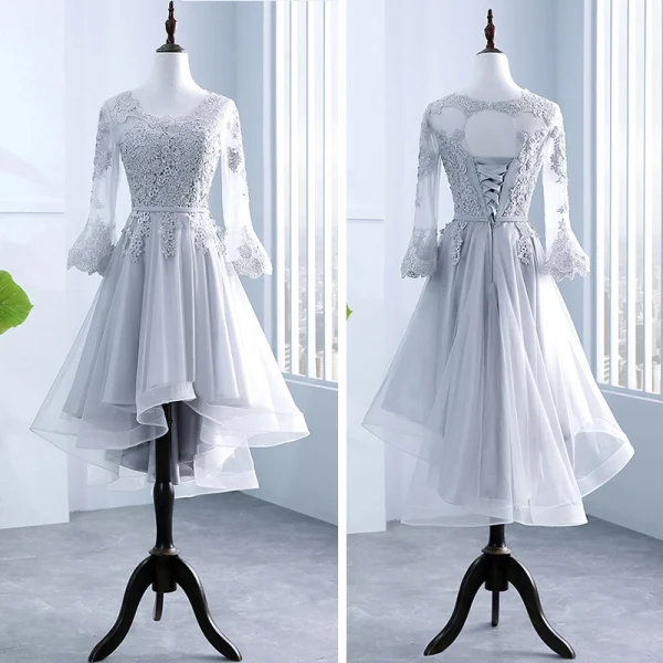 Chic / Beautiful Grey Pierced Bridesmaid Dresses 2018 A-Line / Princess Scoop Neck Long Sleeve Appliques Lace Sash Ruffle Backless Wedding Party Dresses