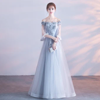 Affordable Grey Evening Dresses With Shawl 2018 A Line Princess Off The Shoulder Appliques Lace Sash Floor Length Long Ruffle Backless Formal Dresses