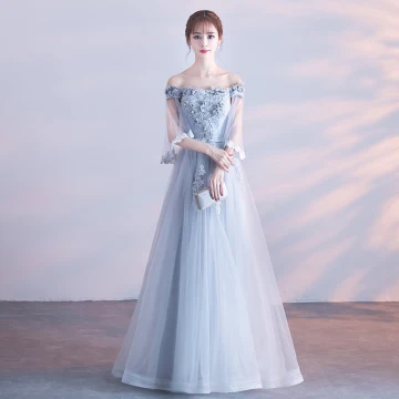 Affordable Grey Evening Dresses With Shawl 2018 A Line Princess Off The Shoulder Appliques Lace Sash Floor Length Long Ruffle Backless Formal Dresses