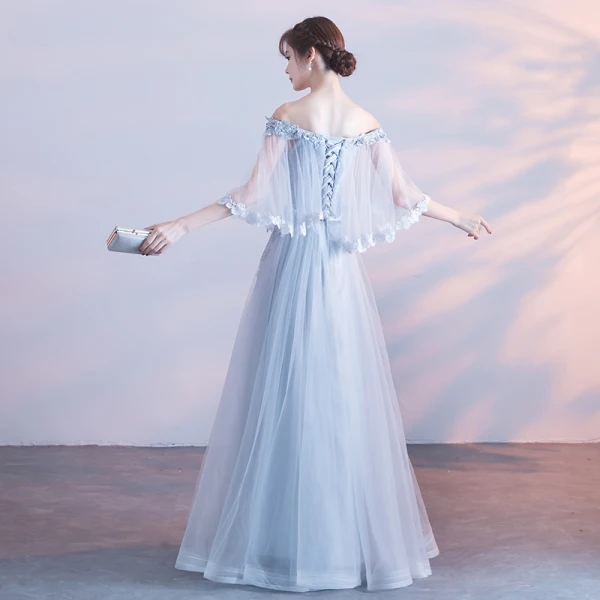 Erschwinglich Grau Abendkleider Mit Schal 2018 A Linie Off Shoulder Applikationen Mit Spitze Stoffgürtel Lange Rüschen Rückenfreies Festliche Kleider