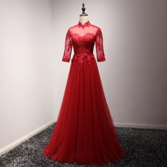 Style Chinois Rouge Robe De Soirée 2017 Longue Princesse Volants En Cascade Col Haut 3 4 Manches Perle Paillettes En Dentelle Appliques Percé Robe De Ceremonie