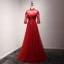 Chinese style Red Evening Dresses  2017 Floor-Length / Long A-Line / Princess Cascading Ruffles High Neck 3/4 Sleeve Pearl Sequins Lace Appliques Pierced Formal Dresses