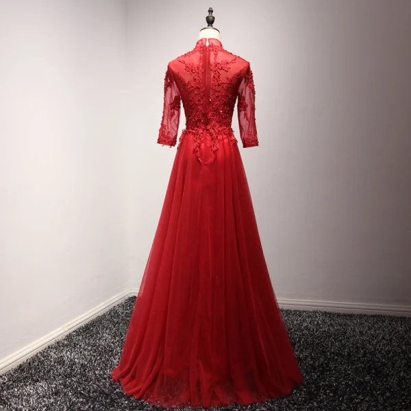 Chinese style Red Evening Dresses 2017 Floor-Length / Long A-Line / Princess Cascading Ruffles High Neck 3/4 Sleeve Pearl Sequins Lace Appliques Pierced Formal Dresses