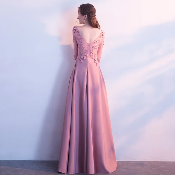 Élégant Rose Bonbon Percé Robe De Soirée 2018 Princesse V-Cou 3/4 Manches Appliques Fleur Faux Diamant Longue Volants Dos Nu Robe De Ceremonie