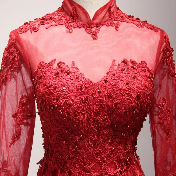 Chinese style Red Evening Dresses 2017 Floor-Length / Long A-Line / Princess Cascading Ruffles High Neck 3/4 Sleeve Pearl Sequins Lace Appliques Pierced Formal Dresses