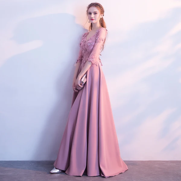 Élégant Rose Bonbon Percé Robe De Soirée 2018 Princesse V-Cou 3/4 Manches Appliques Fleur Faux Diamant Longue Volants Dos Nu Robe De Ceremonie