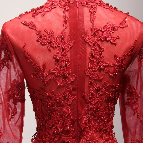 Chinese style Red Evening Dresses 2017 Floor-Length / Long A-Line / Princess Cascading Ruffles High Neck 3/4 Sleeve Pearl Sequins Lace Appliques Pierced Formal Dresses