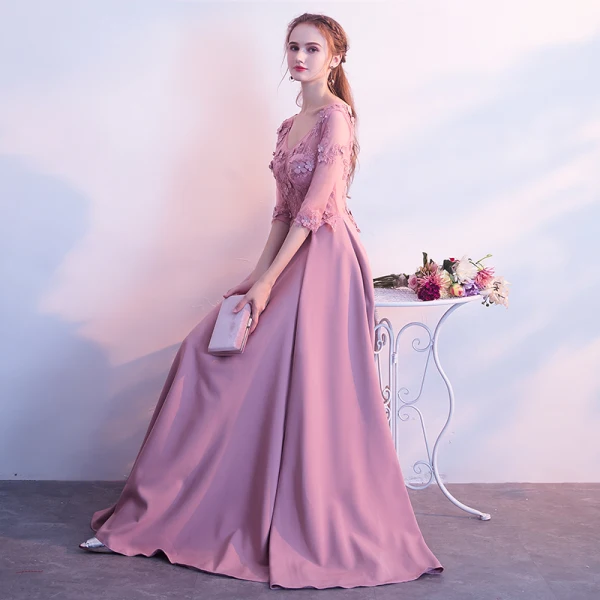 Élégant Rose Bonbon Percé Robe De Soirée 2018 Princesse V-Cou 3/4 Manches Appliques Fleur Faux Diamant Longue Volants Dos Nu Robe De Ceremonie