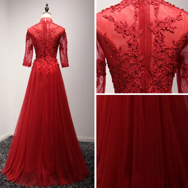 Chinese style Red Evening Dresses 2017 Floor-Length / Long A-Line / Princess Cascading Ruffles High Neck 3/4 Sleeve Pearl Sequins Lace Appliques Pierced Formal Dresses