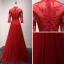 Chinese style Red Evening Dresses  2017 Floor-Length / Long A-Line / Princess Cascading Ruffles High Neck 3/4 Sleeve Pearl Sequins Lace Appliques Pierced Formal Dresses