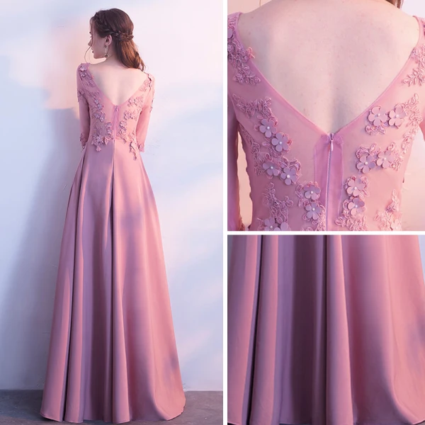 Élégant Rose Bonbon Percé Robe De Soirée 2018 Princesse V-Cou 3/4 Manches Appliques Fleur Faux Diamant Longue Volants Dos Nu Robe De Ceremonie