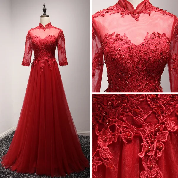 Chinese style Red Evening Dresses 2017 Floor-Length / Long A-Line / Princess Cascading Ruffles High Neck 3/4 Sleeve Pearl Sequins Lace Appliques Pierced Formal Dresses