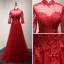 Chinese style Red Evening Dresses  2017 Floor-Length / Long A-Line / Princess Cascading Ruffles High Neck 3/4 Sleeve Pearl Sequins Lace Appliques Pierced Formal Dresses