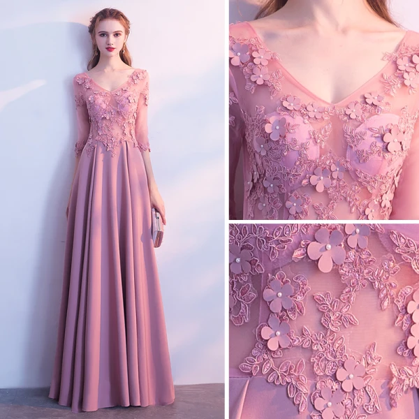 Élégant Rose Bonbon Percé Robe De Soirée 2018 Princesse V-Cou 3/4 Manches Appliques Fleur Faux Diamant Longue Volants Dos Nu Robe De Ceremonie
