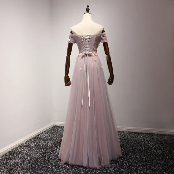 Chic / Beautiful Pearl Pink Evening Dresses 2017 A-Line / Princess Floor-Length / Long Cascading Ruffles Off-The-Shoulder Short Sleeve Backless Pearl Beading Lace Appliques Flower Formal Dresses