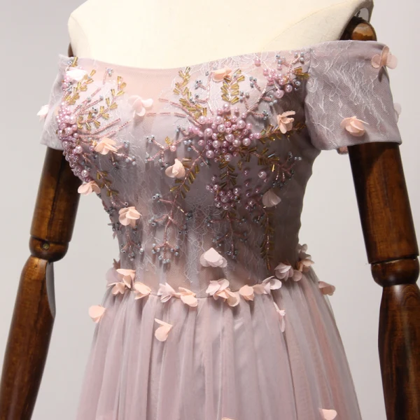 Chic / Beautiful Pearl Pink Evening Dresses 2017 A-Line / Princess Floor-Length / Long Cascading Ruffles Off-The-Shoulder Short Sleeve Backless Pearl Beading Lace Appliques Flower Formal Dresses