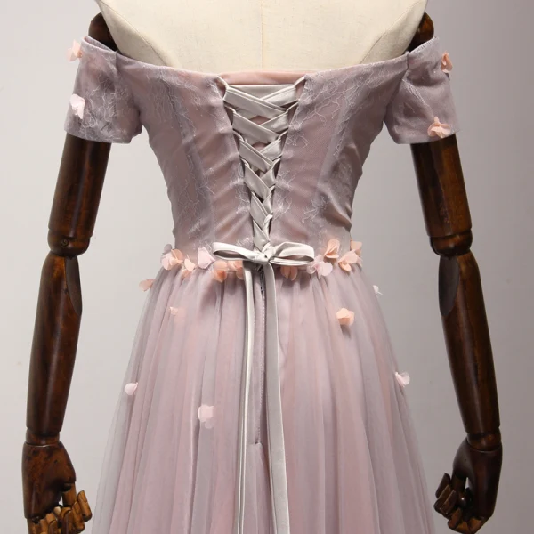 Chic / Beautiful Pearl Pink Evening Dresses 2017 A-Line / Princess Floor-Length / Long Cascading Ruffles Off-The-Shoulder Short Sleeve Backless Pearl Beading Lace Appliques Flower Formal Dresses