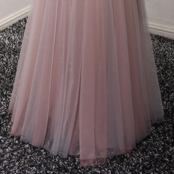 Chic / Beautiful Pearl Pink Evening Dresses 2017 A-Line / Princess Floor-Length / Long Cascading Ruffles Off-The-Shoulder Short Sleeve Backless Pearl Beading Lace Appliques Flower Formal Dresses