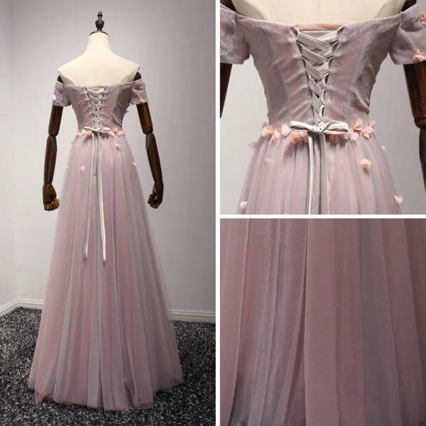 Chic / Beautiful Pearl Pink Evening Dresses 2017 A-Line / Princess Floor-Length / Long Cascading Ruffles Off-The-Shoulder Short Sleeve Backless Pearl Beading Lace Appliques Flower Formal Dresses
