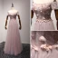 Chic / Beautiful Pearl Pink Evening Dresses  2017 A-Line / Princess Floor-Length / Long Cascading Ruffles Off-The-Shoulder Short Sleeve Backless Pearl Beading Lace Appliques Flower Formal Dresses