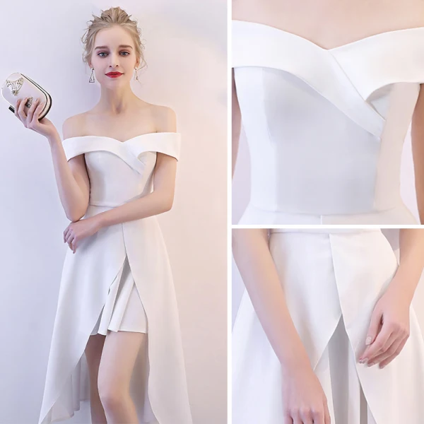 Unique Blanche de retour Robe De Graduation 2018 Princesse De l'épaule Manches Courtes Asymétrique Volants Dos Nu Robe De Ceremonie