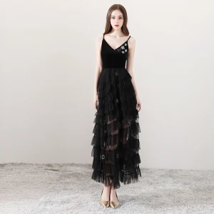 Sexy Black Summer Evening Dresses 2018 A Line Princess Spaghetti Straps Sleeveless Rhinestone Sequins Star Ankle Length Ruffle Backless Formal Dresses