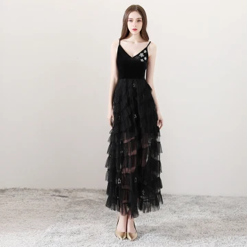 Sexy Black Summer Evening Dresses 2018 A Line Princess Spaghetti Straps Sleeveless Rhinestone Sequins Star Ankle Length Ruffle Backless Formal Dresses