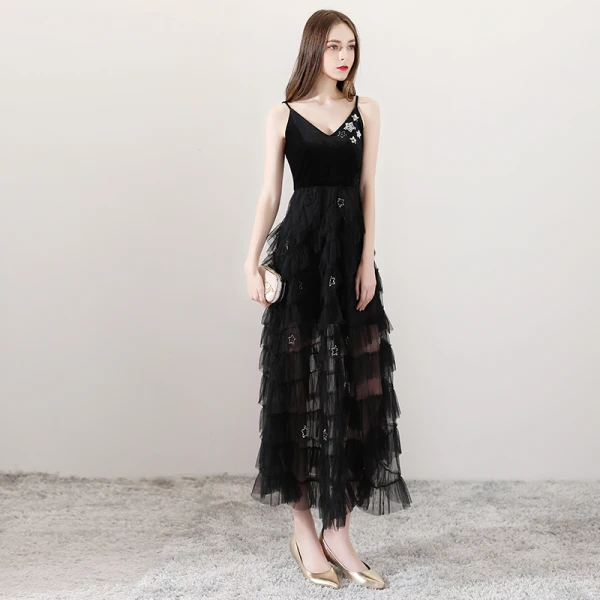 Sexy Schwarz Sommer Abendkleider 2018 A Linie Spaghettiträger Ärmellos Strass Pailletten Star Knöchellänge Rüschen Rückenfreies Festliche Kleider