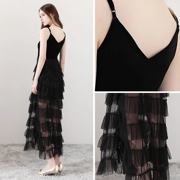 Sexy Schwarz Sommer Abendkleider 2018 A Linie Spaghettiträger Ärmellos Strass Pailletten Star Knöchellänge Rüschen Rückenfreies Festliche Kleider