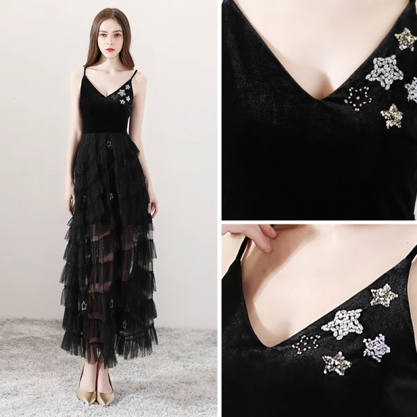Sexy Schwarz Sommer Abendkleider 2018 A Linie Spaghettiträger Ärmellos Strass Pailletten Star Knöchellänge Rüschen Rückenfreies Festliche Kleider