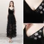 Sexy Schwarz Sommer Abendkleider 2018 A Linie Spaghettiträger Ärmellos Strass Pailletten Star Knöchellänge Rüschen Rückenfreies Festliche Kleider