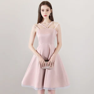 Modest Simple Blushing Pink Homecoming Graduation Dresses 2018 A Line Princess Spaghetti Straps Sleeveless Knee Length Ruffle Backless Formal Dresses