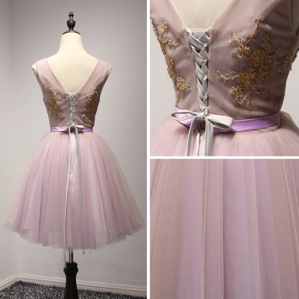 Chic / Belle Lavande Perle Rose Robe De Fete 2017 Volants en Cascade Courte Robe Boule V-Cou épaules Sans Manches Dos Nu Perlage Paillettes Cristal En Dentelle Appliques Ceinture Robe De Ceremonie
