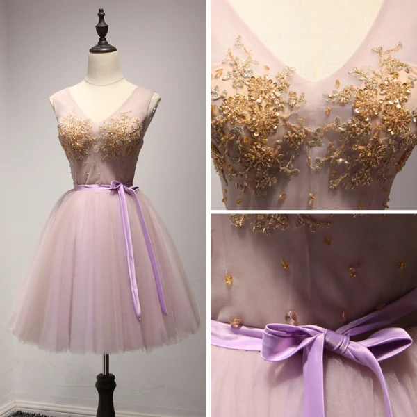 Chic / Belle Lavande Perle Rose Robe De Fete 2017 Volants en Cascade Courte Robe Boule V-Cou épaules Sans Manches Dos Nu Perlage Paillettes Cristal En Dentelle Appliques Ceinture Robe De Ceremonie