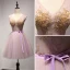 Chic / Belle Lavande Perle Rose Robe De Fete 2017 Volants en Cascade Courte Robe Boule V-Cou épaules Sans Manches Dos Nu Perlage Paillettes Cristal En Dentelle Appliques Ceinture Robe De Ceremonie