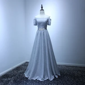 Enkel Sølv Selskapskjoler 2017 Prinsesse Gripende Ruffles Feie Tog Av Skulderen Korte Ermer Ryggløse Rhinestone Sash Glitter Formelle Kjoler