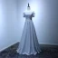 Schlicht Silber Abendkleider 2017 A Linie Fallende Rüsche Sweep / Pinsel Zug Off Shoulder Kurze Ärmel Rückenfreies Strass Stoffgürtel Glanz Festliche Kleider