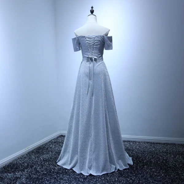 Schlicht Silber Abendkleider 2017 A Linie Fallende Rüsche Sweep / Pinsel Zug Off Shoulder Kurze Ärmel Rückenfreies Strass Stoffgürtel Glanz Festliche Kleider
